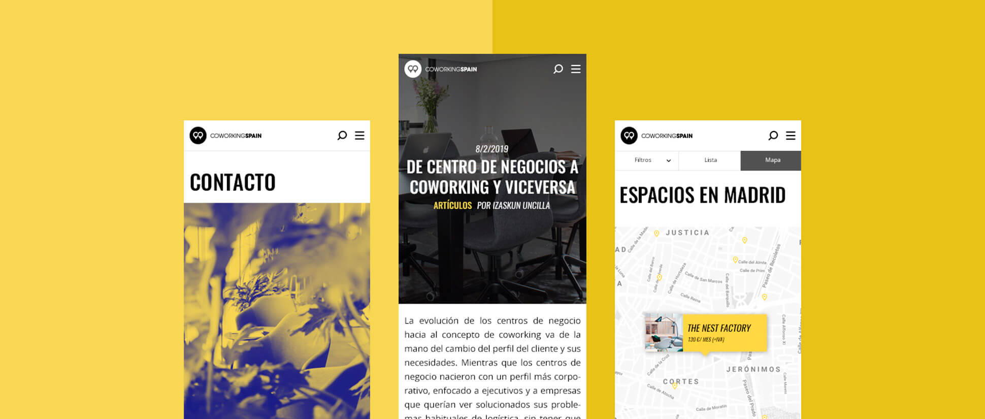 Mockups de la versión mobile de coworkingspain.es